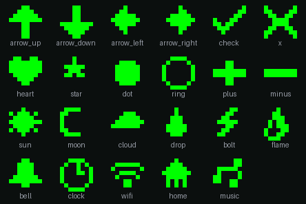 The bundled icon set: arrows, check, x, heart, star, sun, moon, cloud, drop, bolt, flame, bell, clock, wifi, home, music, and more