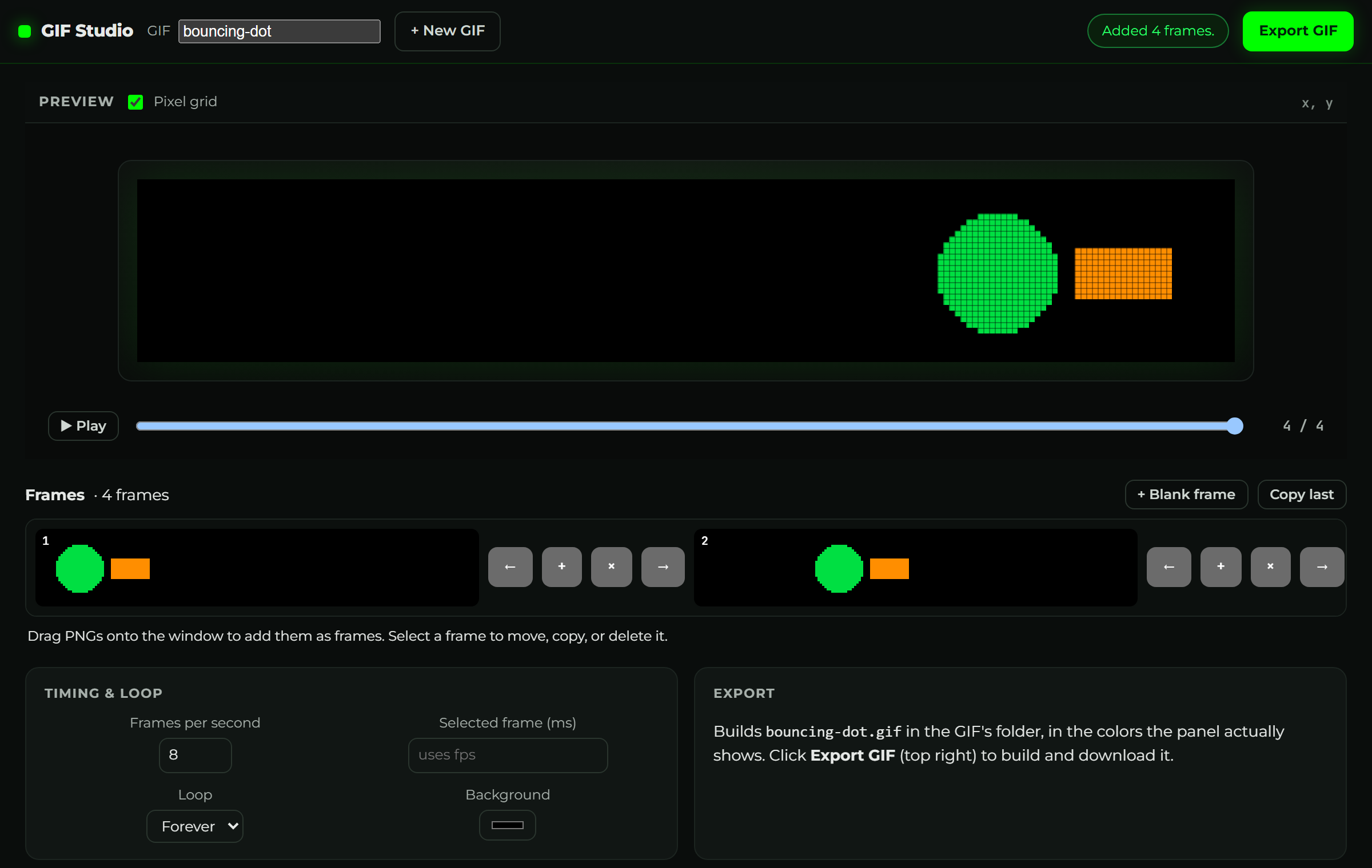 The GIF Studio window: an LED preview at the top with play and scrub controls, a filmstrip of frames below, and timing and export cards