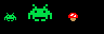 Two green space invaders and a multi-color mushroom sprite