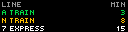 A transit departures table with a gray header row