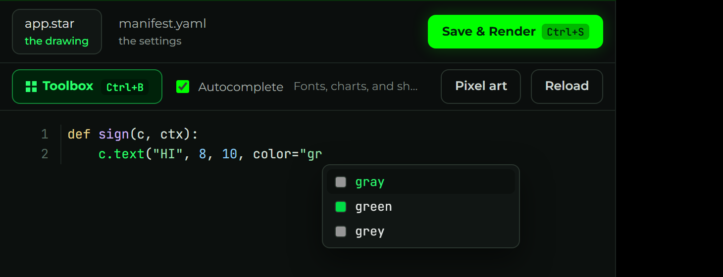 Typing a color argument shows an autocomplete list of gray, green, and grey, each with a color swatch