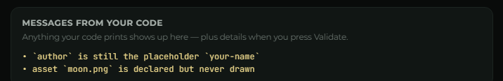 The messages console showing print output and two tips