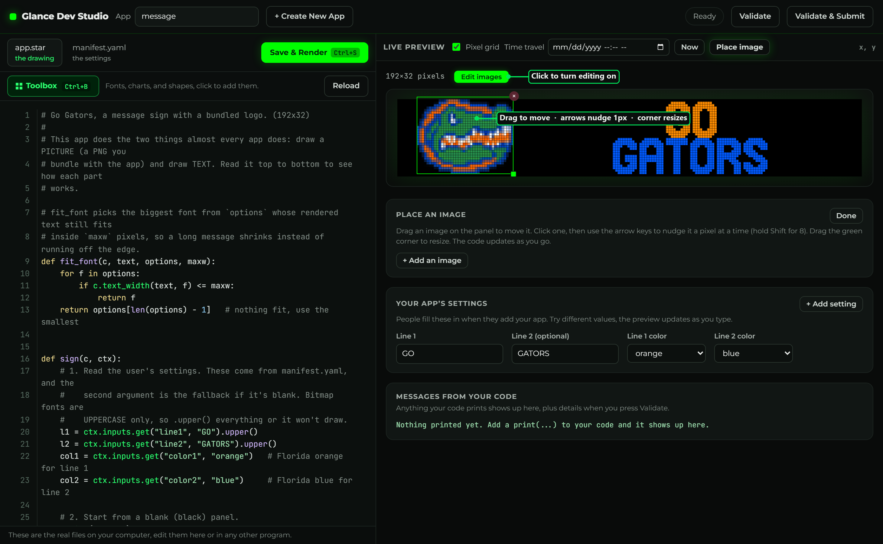 Dragging the gator logo on the live panel while the c.image line updates