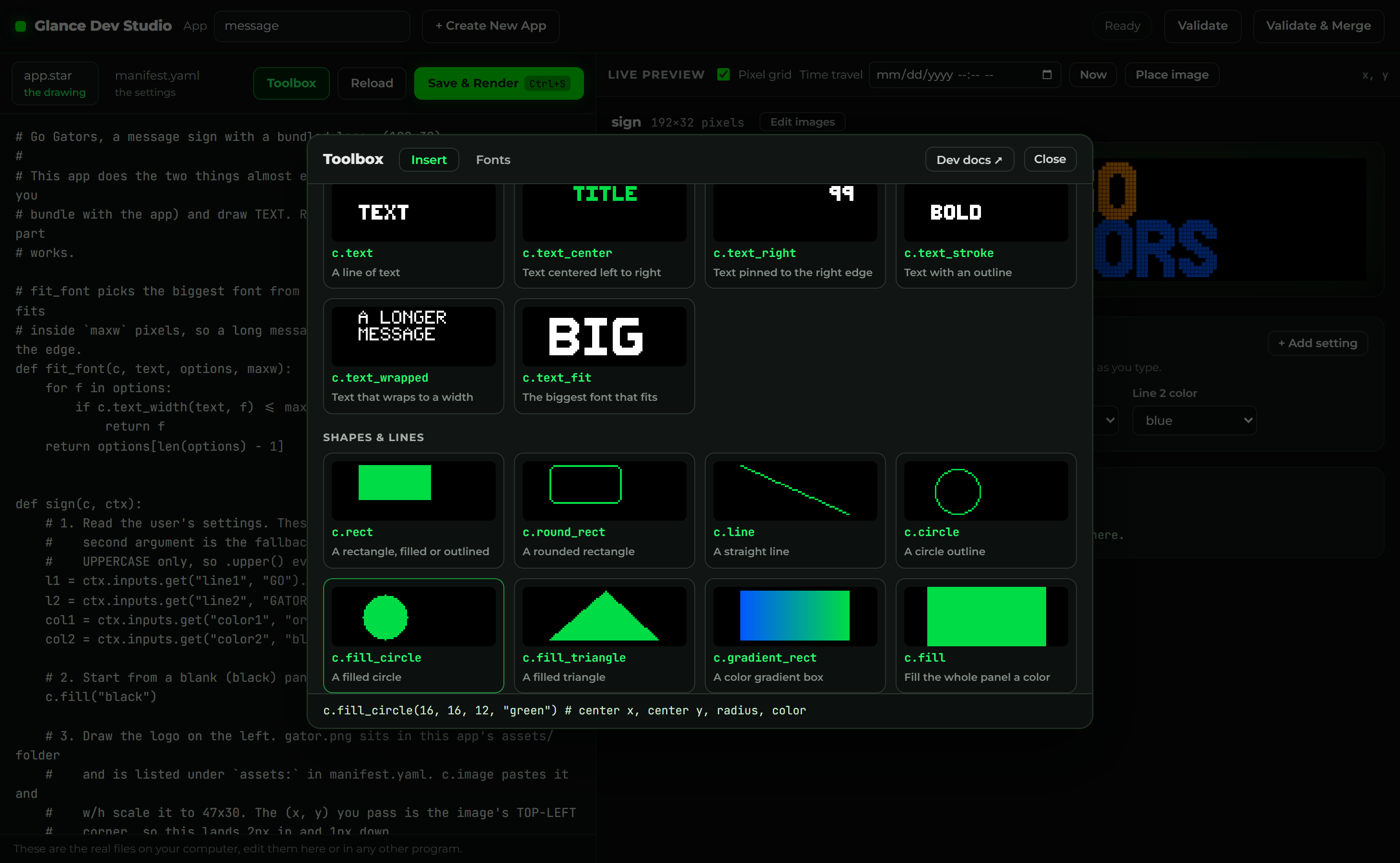 The Toolbox open on the Insert tab: a grid of helper tiles with live previews, and an argument hint in the bar at the bottom